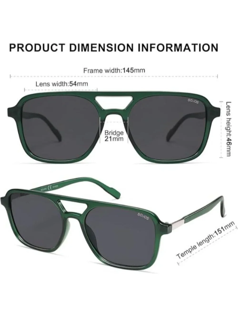 SOJOS Women Aviator Sunglasses Rectangle Sun Glasses Green Frame Grey Lens